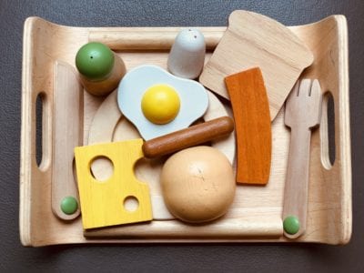 PlanToys Wooden Breakfast Menu Pretend Play Food Set (3415) | Sustainably Made from Rubberwood and Non-Toxic Paints and Dyes