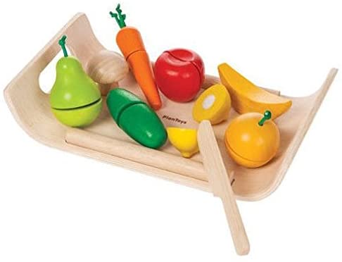 PlanToys Wooden Assorted Fruit and Vegetable Food Set (3416) | Sustainably Made from Rubberwood and Non-Toxic Paints and Dyes