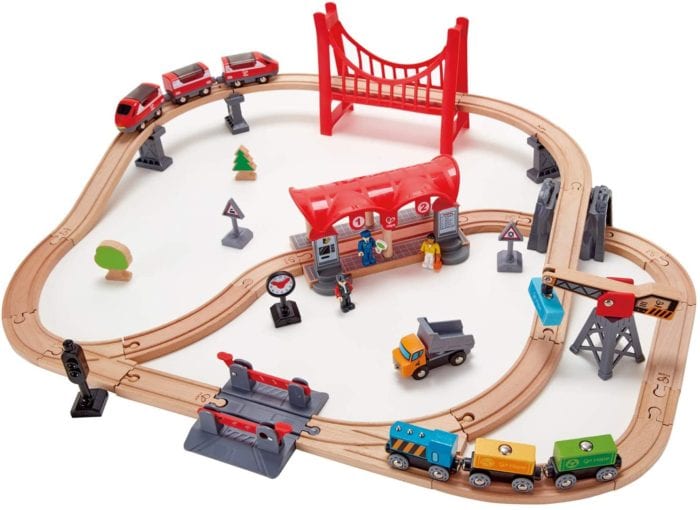 Hape Busy City Themed Magnetic Kids Toddler Play Freight Train Railway Station Toy Set with Passenger Train, Fright Train, and Station