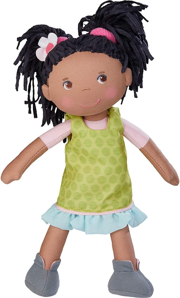 HABA Cari 12" African American Soft Doll - Machine Washable with Removable Dress, Embroidered Face, Brown Eyes and Black Pigtails