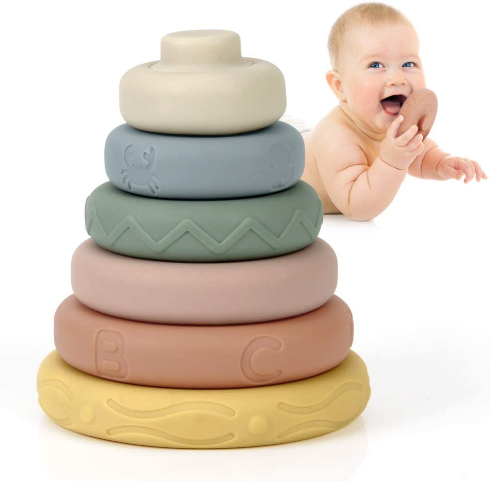 Mini Tudou 6 Pcs Stacking & Nesting Circle Toy,Soft Building Rings Stacker & Teethers,Squeeze Play with Early Educational Learning Stacking Tower,...