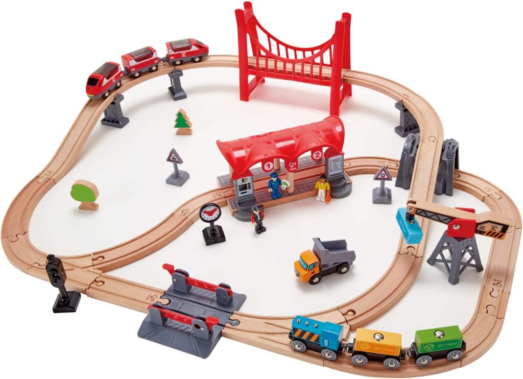 Hape Wooden Busy City Train Rail Set| 51 PCs Pretend Play Railway Set for Kids Age 3Y+