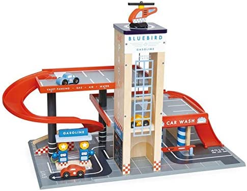 Tender Leaf Toys - Blue Bird Service Station - Classic Wooden Garage and Service Station for Cars and Helicopter with Ramps, Petrol Pumps and Car Wash Center - Imaginary and Roleplay for Children 3+
