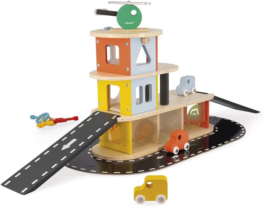 Janod - Bolid Solid Wood Garage - 3 Cars & 1 Helicopter Included - Key Box Function - Imagination & Fine Motor Skills - Water-Based Paints - 2 Years + J04636, Brown