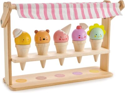 Tender Leaf Toys - Scoops and Smiles - Ice Cream Toy Shop with 5 Beautiful Solid Wood Ice Cream Cornets Set for Kids 3+