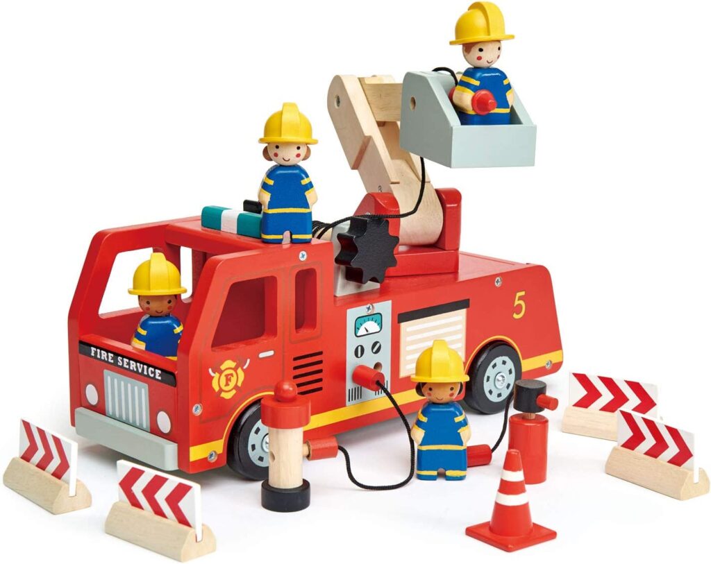 Tender Leaf Toys - Fire Engine - Wooden Fire Truck Toy with Firefighters and Accessories - Story Telling, Pretend Play and Imaginative Play for Age 3+