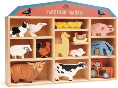 Tender Leaf Toys Farmyard Animals – 13 Wooden Country Farm Figurines with a Display Shelf – Classic Toy for Pretend Play – Develops Creative & Imaginative Skills – Learning Role Play – Ages 3+ Years