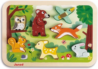  Janod Chunky Stand Up Puzzle - 7 Piece Colorful Wooden Forest Animal Themed Jigsaw Puzzle - Encourages Shape Recognition, Dexterity, and Language...
