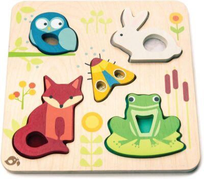 Tender Leaf Toys - Touchy Feely Animals - 5 Piece Wooden Shape Recognition and Dexterity Puzzle - Encourages Language Development - Kids 18 Months +