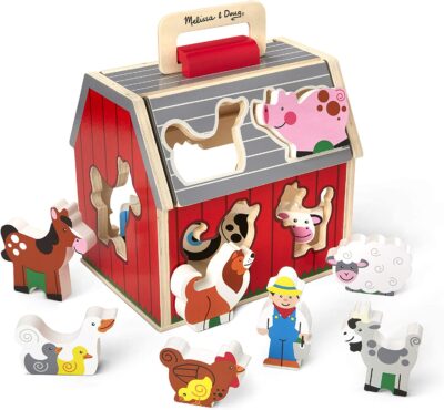 Melissa & Doug Wooden Take-Along Sorting Barn Toy with Flip-Up Roof and Handle, 10 Wooden Farm Play Pieces - Farm Toys, Shape Sorting And Stacking Learning Toys For Toddlers And Kids Ages 2+