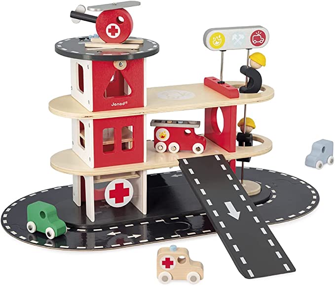 Janod - Bolid Wooden Fire Station - 5 Vehicles Included - Imagination and Fine Motor Skills - Water-Based Paints - 2 Years + J04639