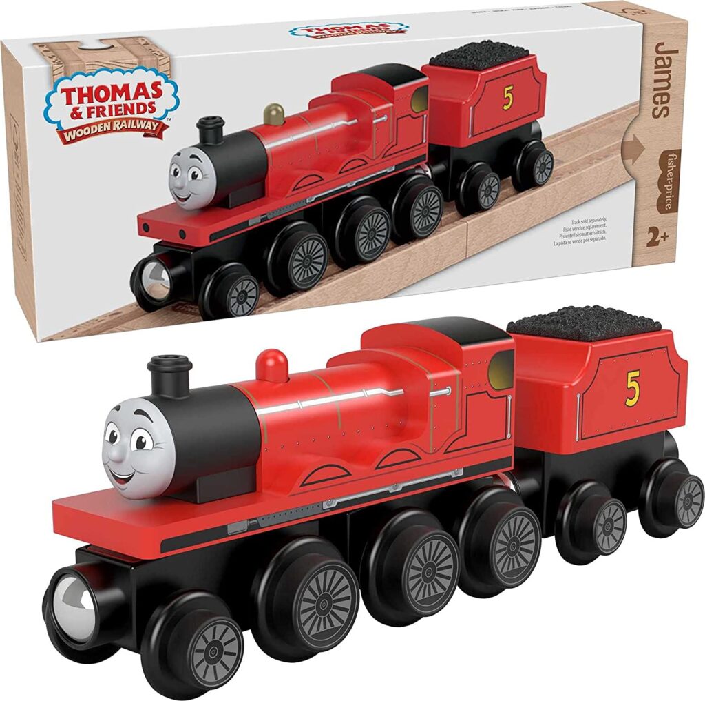 Thomas & Friends Wooden Railway, James Engine and Coal Car, Push-Along Train Made from sustainably sourced Wood for Kids 2 Years and up