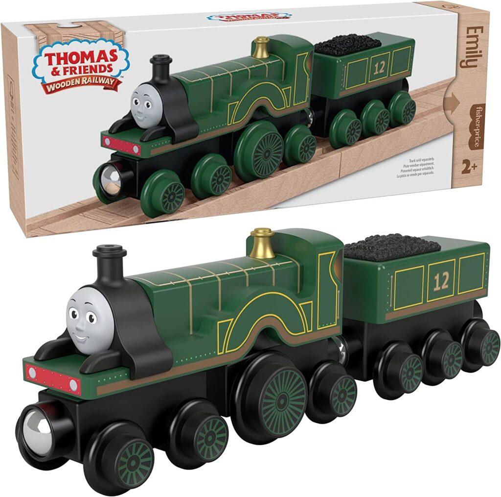 Thomas & Friends Fisher-Price Wooden Railway Emily Engine and Coal Car, Push-Along Train Made from sustainably sourced Wood for Kids 2 Years and up