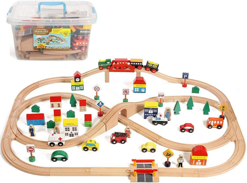 On Track USA Wooden Train Set 100 Piece All in One Wooden Toy Train Tracks Set with Magnetic Trains and Railway Accessories, Comes in A Clear Container,...