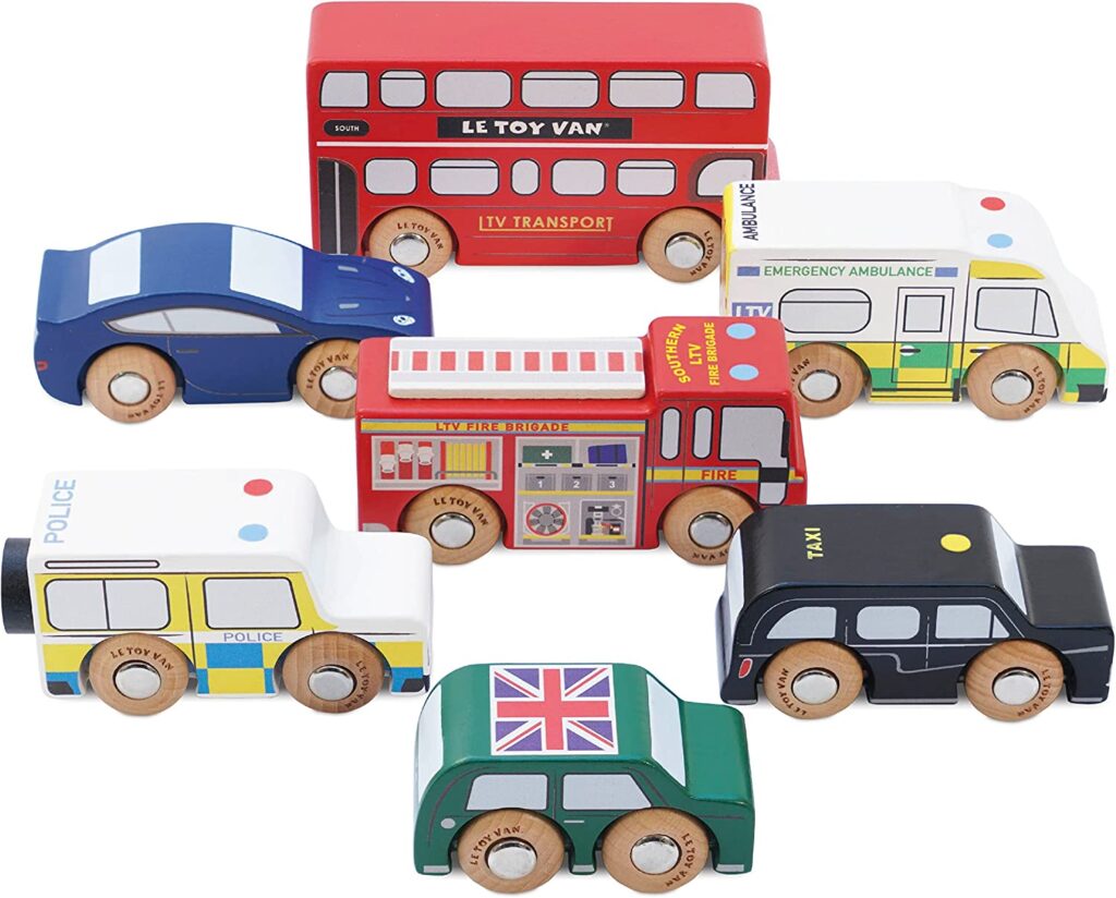 Le Toy Van London Car Set Premium Wooden Toys for Kids Ages 3 Years & Up (TV267), 7-pk