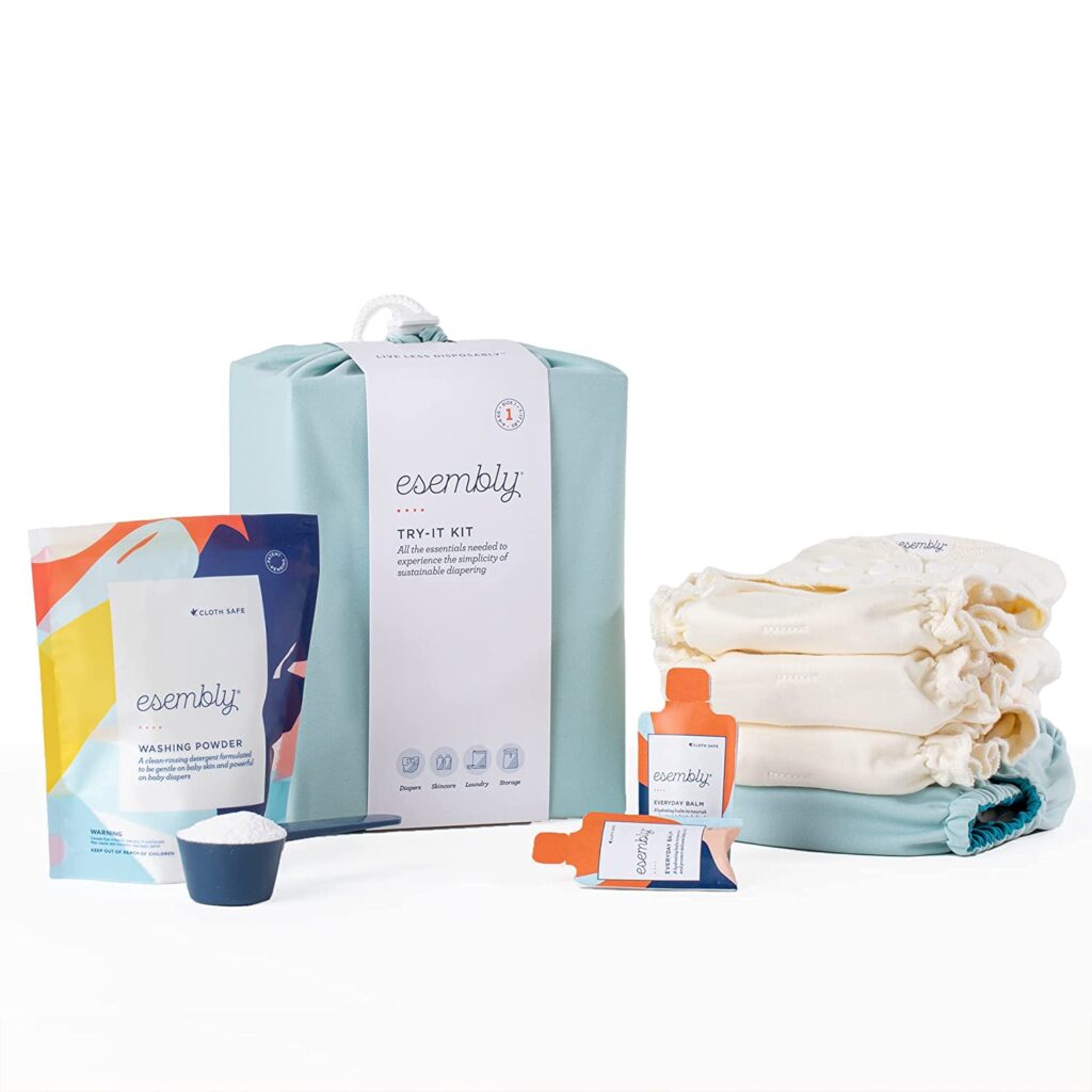 Esembly Cloth Diaper Try-It Kit, Starter Set of Organic, Reusable Diapers with Detergent, Diaper Cream and Diaper Bag - Eco-Friendly Diapering System, Mist, Size 1