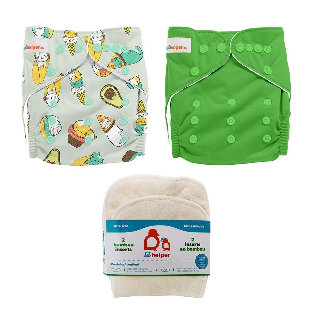 Lil Helper Reusable Cloth Diapers with 1 Prefold Bamboo Liner Insert (Pack of 2) (F - Wacky Cats/Vibrant Green)